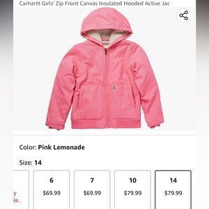 New Carhartt Girls' Zip Front Canvas Insulated Hooded Active Jac